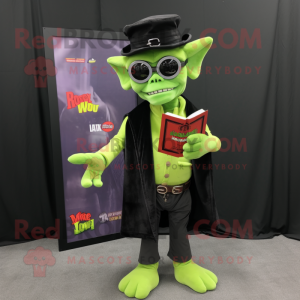 Lime Green Vampire mascot costume character dressed with a Jeans and Reading glasses