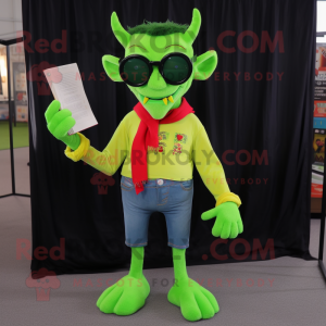 Lime Green Vampire mascot costume character dressed with a Jeans and Reading glasses