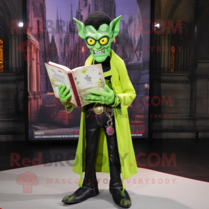 Lime Green Vampire mascot costume character dressed with a Jeans and Reading glasses