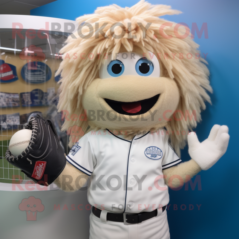 White Baseball Glove mascot costume character dressed with a Henley Tee and Hair clips