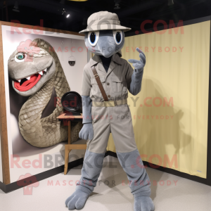 Gray Python mascot costume character dressed with a Corduroy Pants and Watches