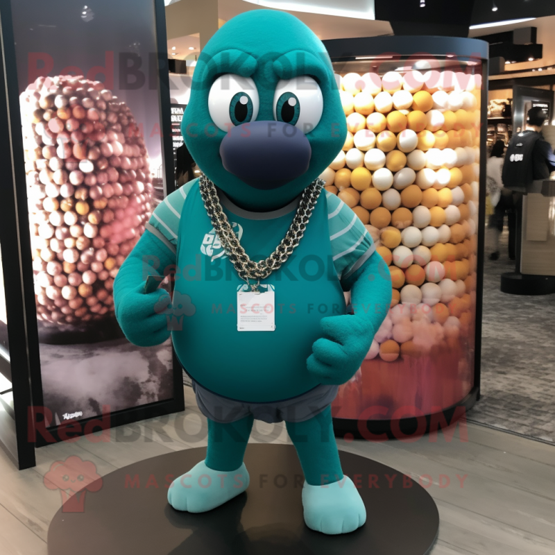 Teal Grenade mascot costume character dressed with a Polo Shirt and Necklaces