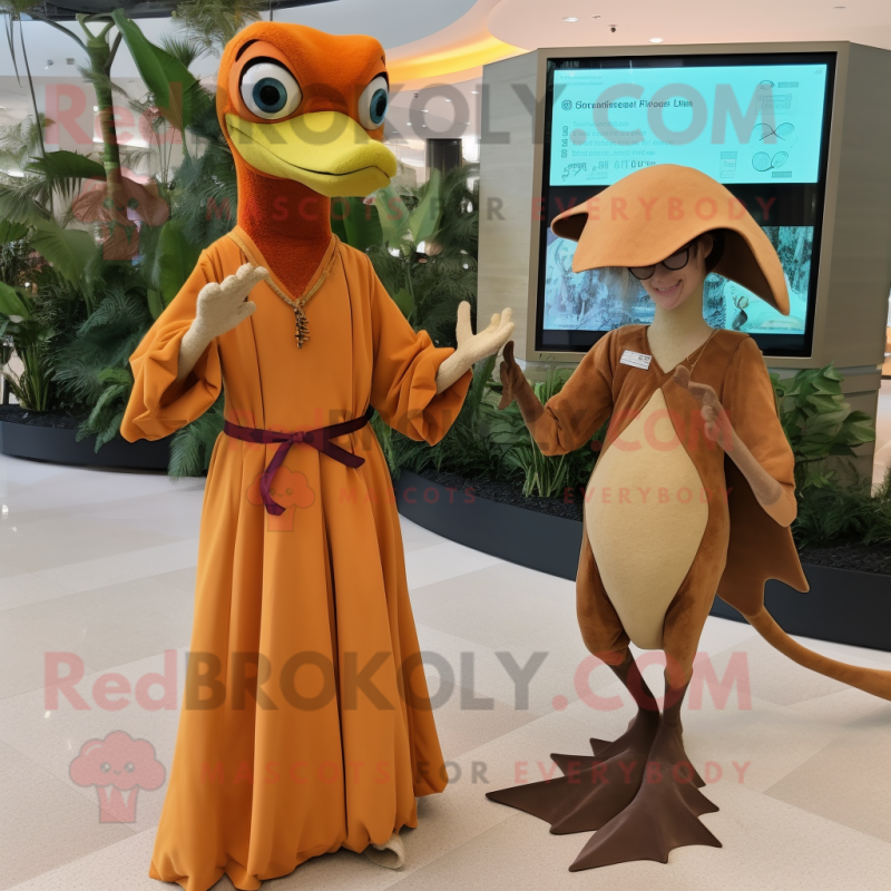 Rust Dimorphodon mascot costume character dressed with a Maxi Dress and Watches Rust Dimorphodon mascot costume character dressed with a Maxi Dress and Watches