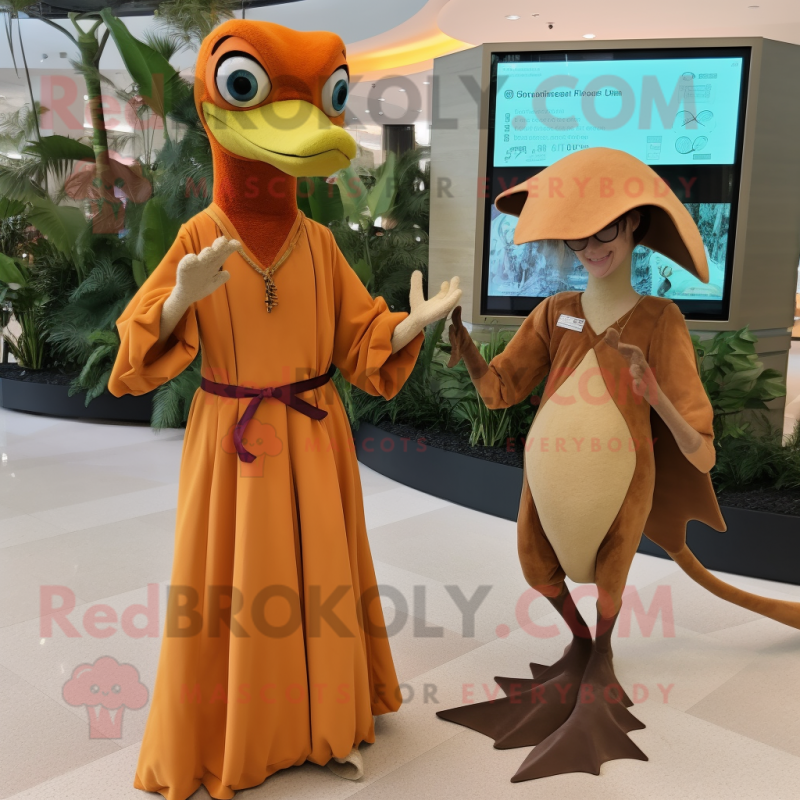 Rust Dimorphodon mascot costume character dressed with a Maxi Dress and Watches