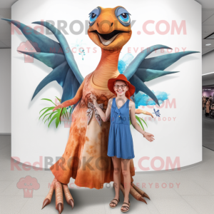 Rust Dimorphodon mascot costume character dressed with a Maxi Dress and Watches