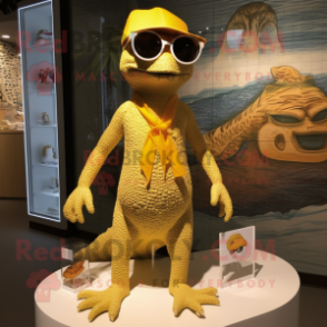 Gold Lizard mascot costume character dressed with a Swimwear and Sunglasses