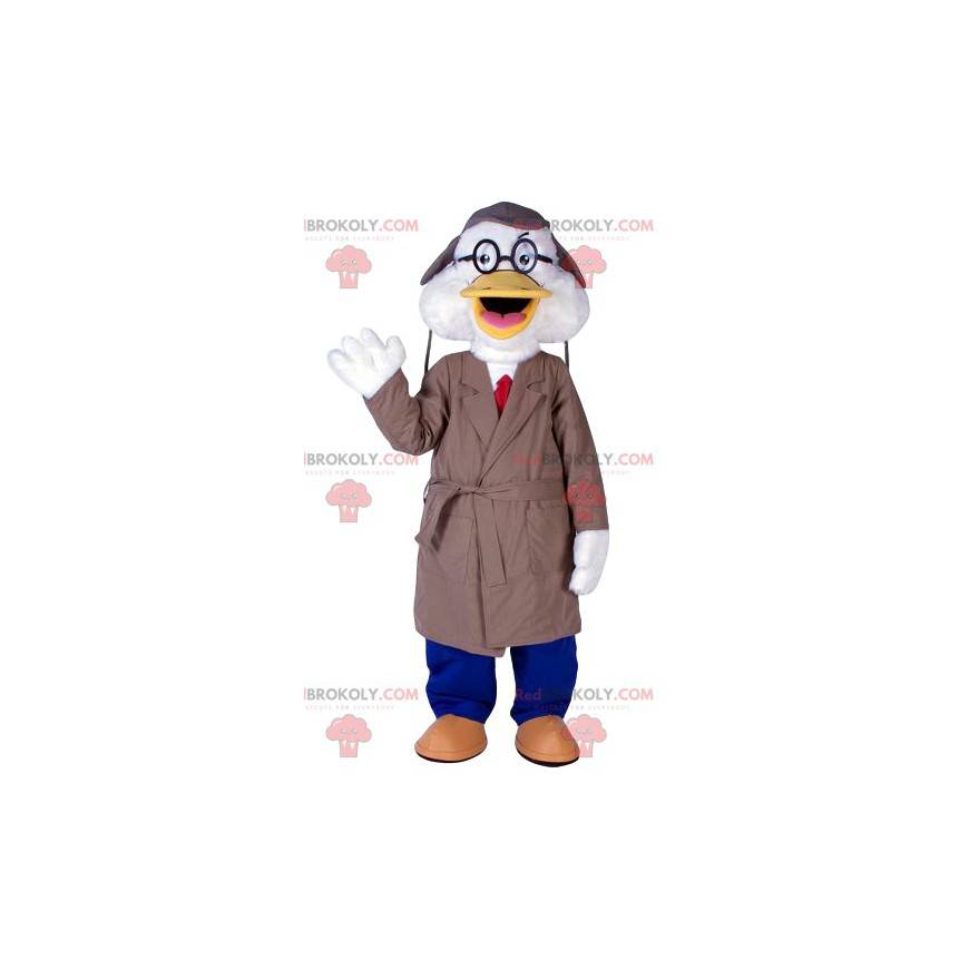 Mascota del pato blanco con su impermeable beige -