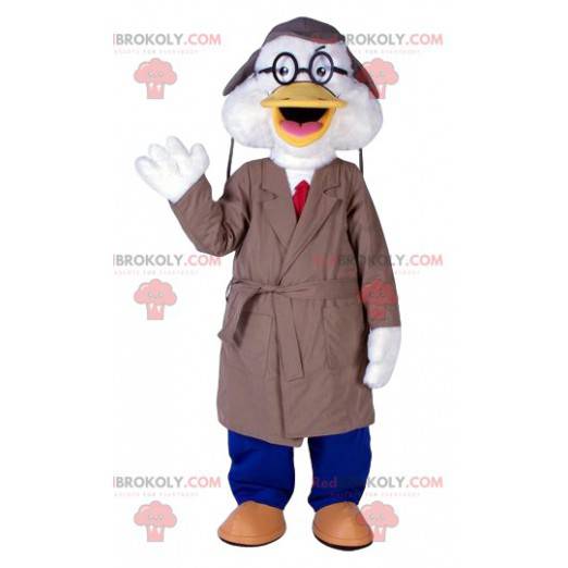Mascote do pato branco com sua capa de chuva bege -
