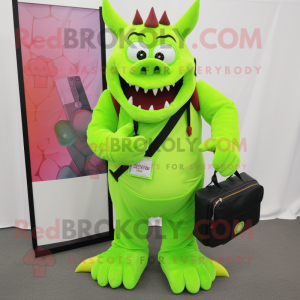 Lime Green Devil mascot costume character dressed with a Dress Shirt and Messenger bags