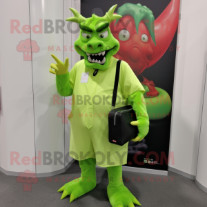 Lime Green Devil mascot costume character dressed with a Dress Shirt and Messenger bags