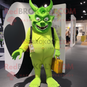 Lime Green Devil mascot costume character dressed with a Dress Shirt and Messenger bags