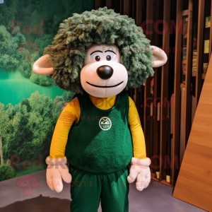 Forest Green Merino Sheep mascot costume character dressed with a Jumpsuit and Headbands
