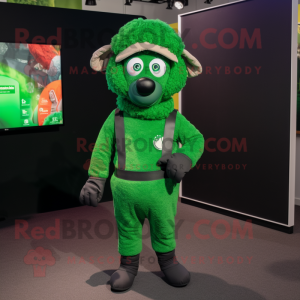 Forest Green Merino Sheep mascot costume character dressed with a Jumpsuit and Headbands