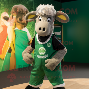 Forest Green Merino Sheep mascot costume character dressed with a Jumpsuit and Headbands