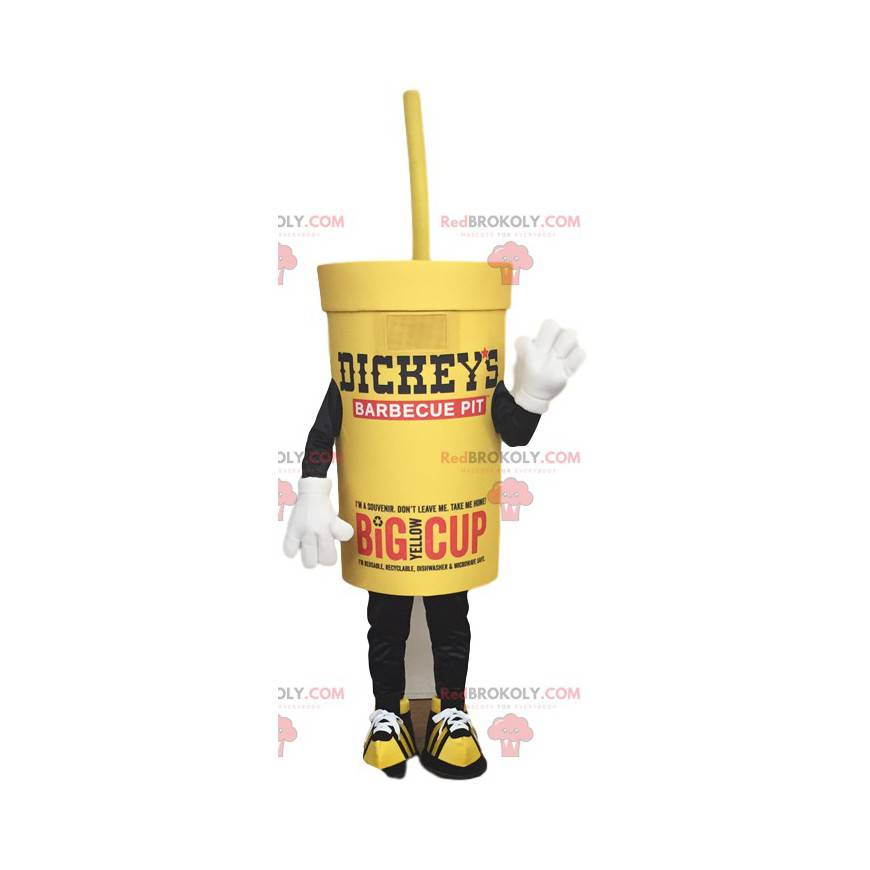 Mascotte de boisson à emporter de couleur jaune et sa paille -