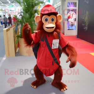 Red Capuchin Monkey mascot costume character dressed with a Pleated Skirt and Backpacks