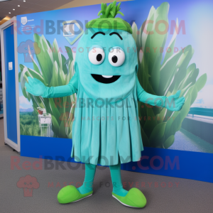 Teal Celery mascot costume character dressed with a Romper and Anklets