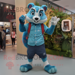 Cyan Badger mascot costume character dressed with a Denim Shorts and Smartwatches