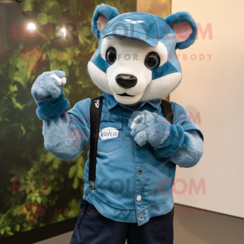 Cyan Badger mascot costume character dressed with a Denim Shorts and Smartwatches