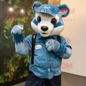 Cyan Badger mascot costume character dressed with a Denim Shorts and Smartwatches