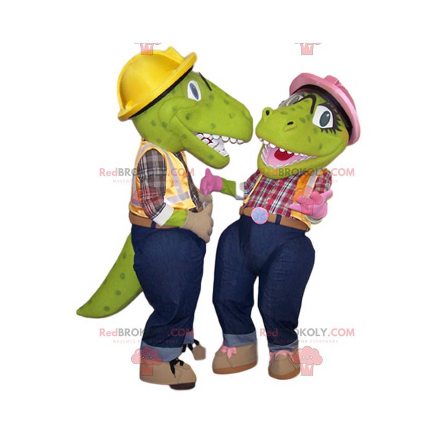 Zwei grüne Dinosaurier-Maskottchen im Handwerker-Outfit -