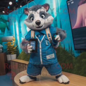 Cyan Badger mascot costume character dressed with a Denim Shorts and Smartwatches