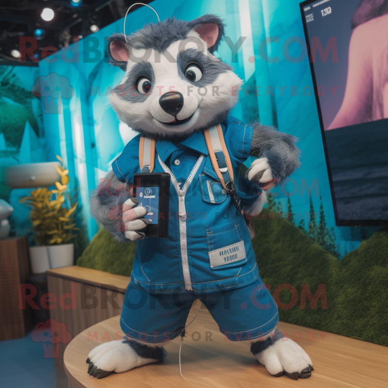 Cyan Badger mascot costume character dressed with a Denim Shorts and Smartwatches