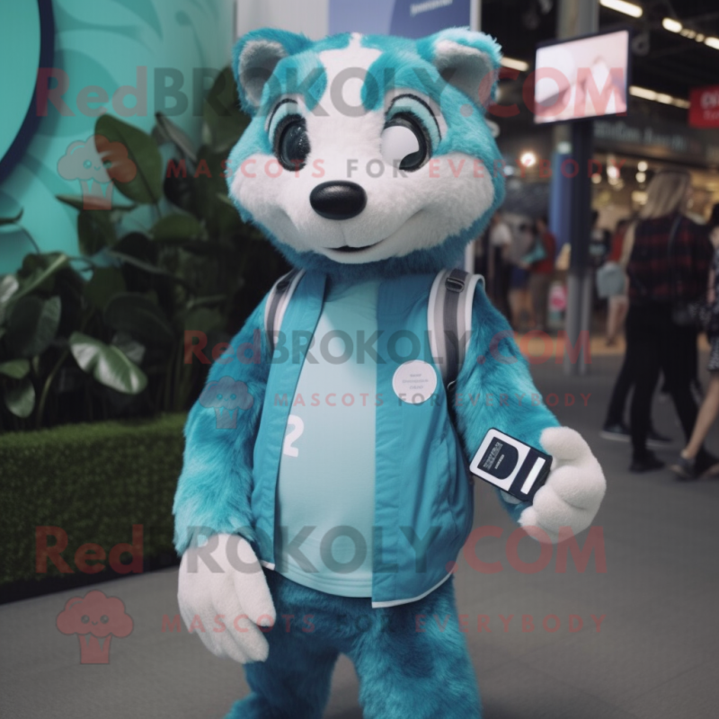 Cyan Badger mascot costume character dressed with a Denim Shorts and Smartwatches