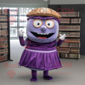 Purple Hamburger mascot costume character dressed with a A-Line Skirt and Reading glasses