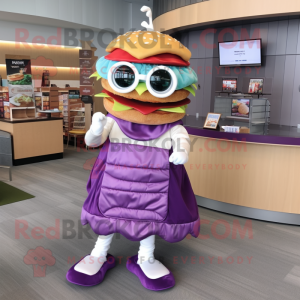Purple Hamburger mascot costume character dressed with a A-Line Skirt and Reading glasses