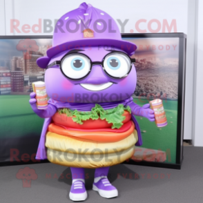 Purple Hamburger mascot costume character dressed with a A-Line Skirt and Reading glasses
