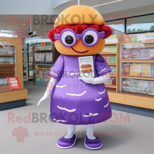 Purple Hamburger mascot costume character dressed with a A-Line Skirt and Reading glasses