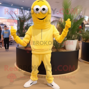 Yellow Shrimp Scampi mascot costume character dressed with a Joggers and Cufflinks