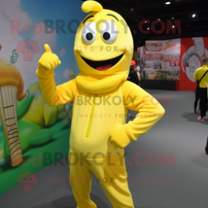 Yellow Shrimp Scampi mascot costume character dressed with a Joggers and Cufflinks