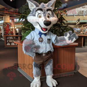 Silver Dingo mascot costume character dressed with a Button-Up Shirt and Bow ties