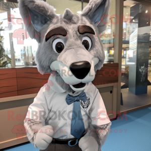 Silver Dingo mascot costume character dressed with a Button-Up Shirt and Bow ties