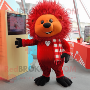 Red Porcupine mascot costume character dressed with a Leggings and Tie pins