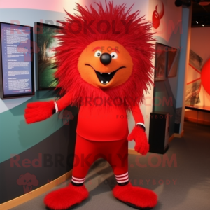 Red Porcupine mascot costume character dressed with a Leggings and Tie pins