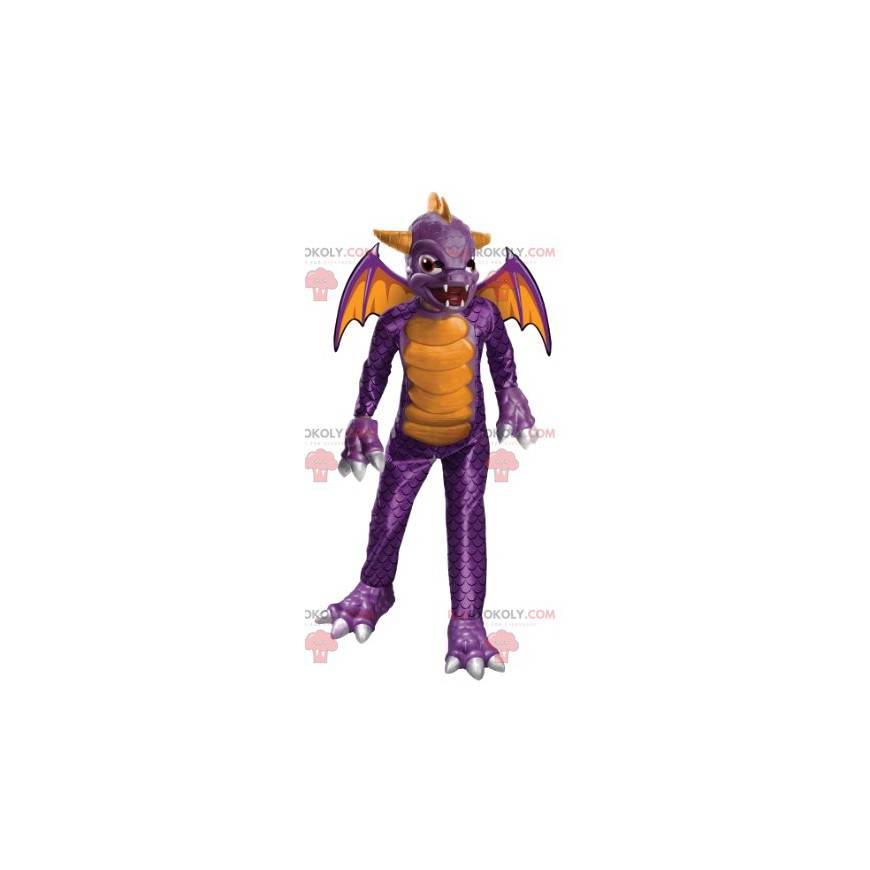 Mascotte de diable violet et jaune très menaçant -