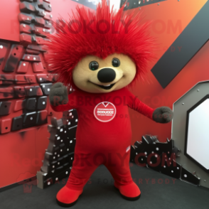 Red Porcupine mascot costume character dressed with a Leggings and Tie pins