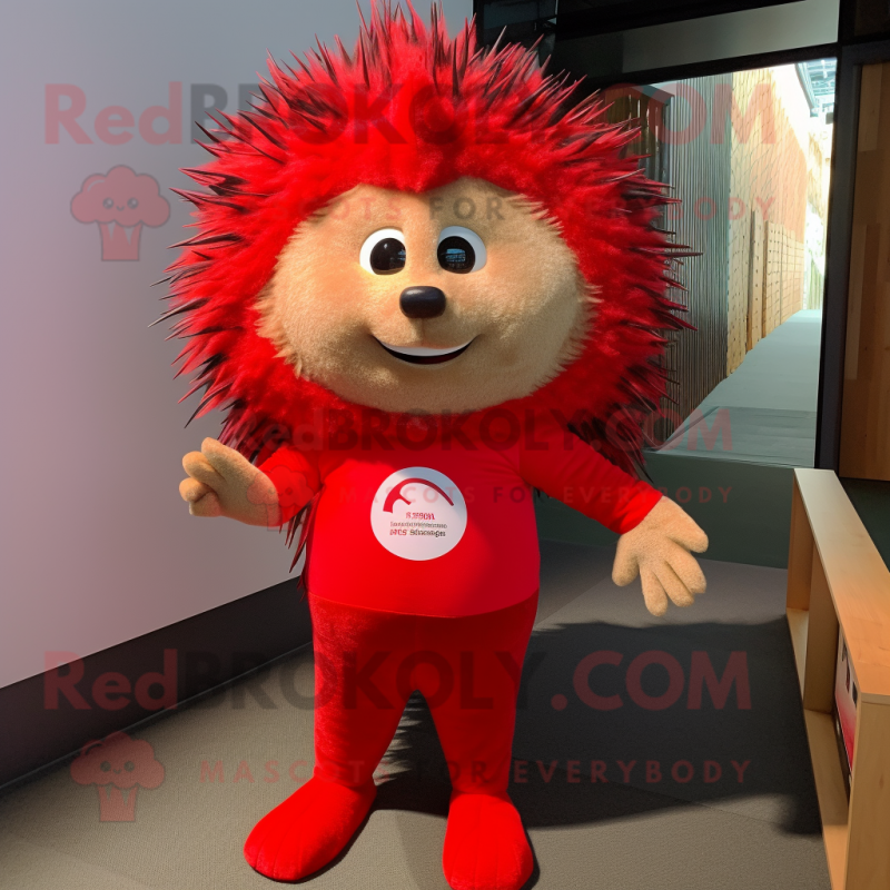 Red Porcupine mascot costume character dressed with a Leggings and Tie pins Red Porcupine mascot costume character dressed with a Leggings and Tie pins