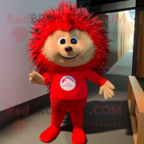 Red Porcupine mascot costume character dressed with a Leggings and Tie pins