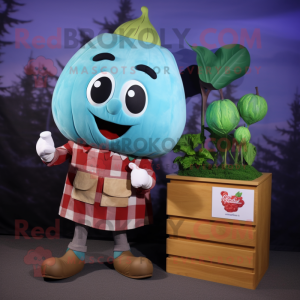 Sky Blue Turnip mascot costume character dressed with a Flannel Shirt and Watches