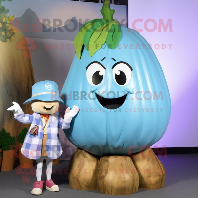 Sky Blue Turnip mascot costume character dressed with a Flannel Shirt and Watches