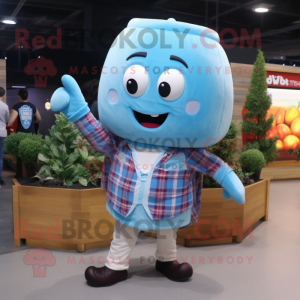 Sky Blue Turnip mascot costume character dressed with a Flannel Shirt and Watches