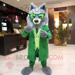 Green Say Wolf mascot costume character dressed with a Coat and Eyeglasses