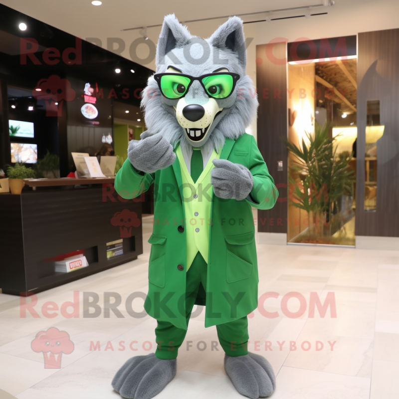 Green Say Wolf mascot costume character dressed with a Coat and Eyeglasses Green Say Wolf mascot costume character dressed with a Coat and Eyeglasses