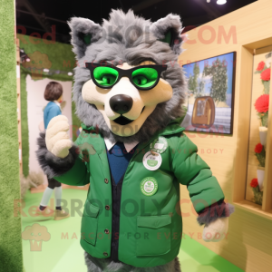 Green Say Wolf mascot costume character dressed with a Coat and Eyeglasses