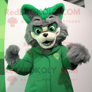 Green Say Wolf mascot costume character dressed with a Coat and Eyeglasses