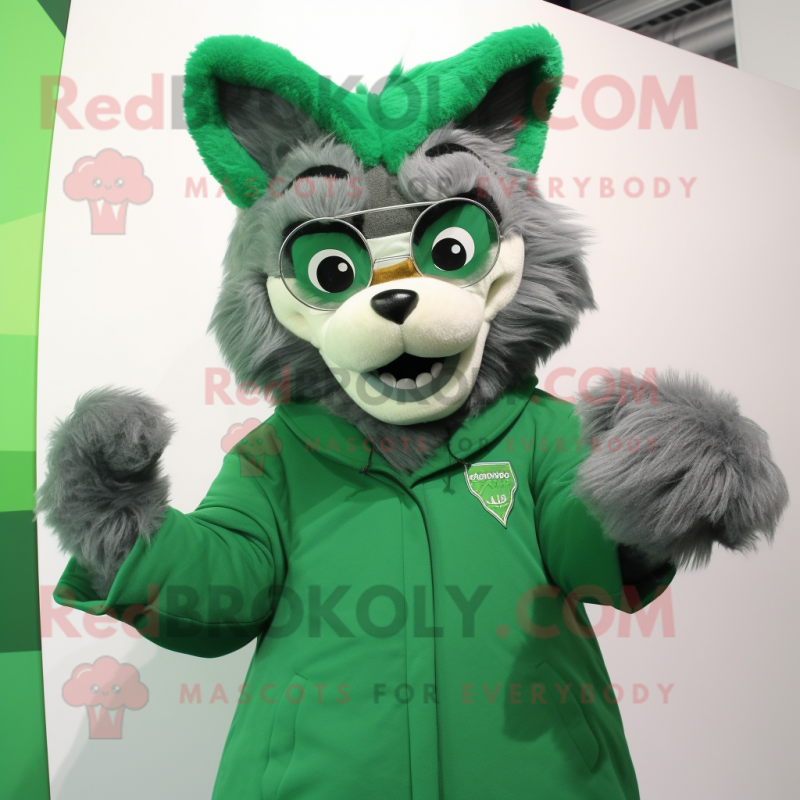 Green Say Wolf mascot costume character dressed with a Coat and Eyeglasses Green Say Wolf mascot costume character dressed with a Coat and Eyeglasses